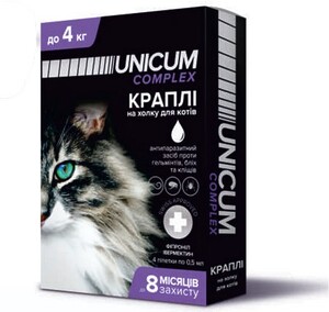 Краплі від бліх, кліщів та гельмінтів на холку для котів Unicum COMPLEX 