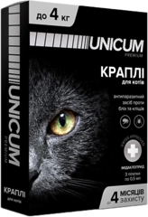 Краплі Unicum Premium від бліх та кліщів на холку для котів масою до 4 кг