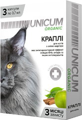 Краплі на натуральній основі Unicum Organic для відлякування бліх та кліщів для кішок 3 капсули